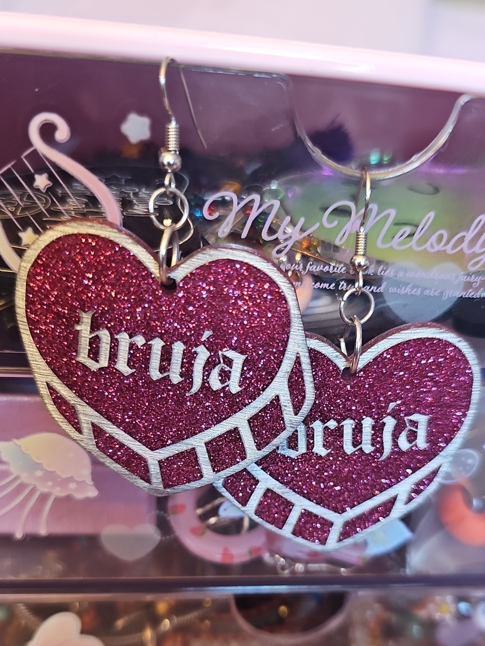 Source Unknown Pink Glitter 'bruja' Heart Drop Earrings